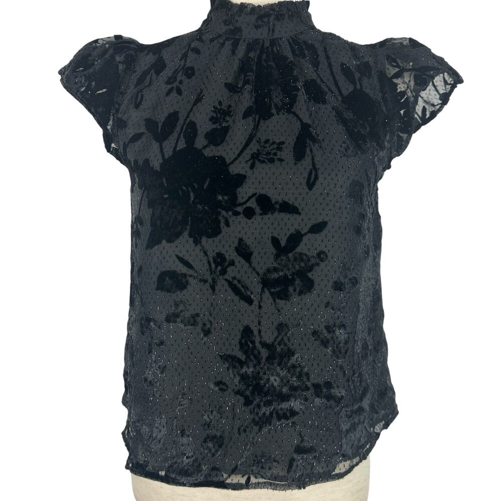 Express Top Women XS Black Velvet Lace Sheer Floral Indie Chic Romantic Goth NWT